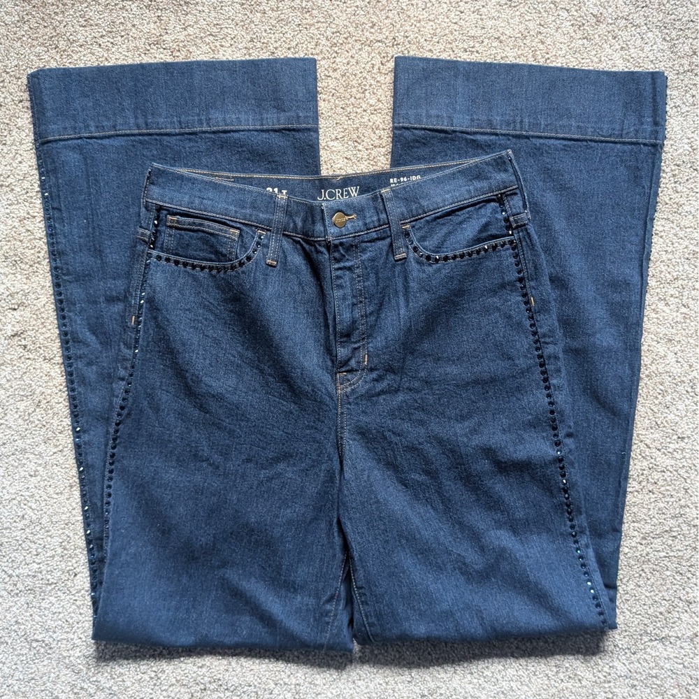 NWOT J Crew Womens 31/12 Tall 96 Wide Leg Denim Trouser Jean Bejeweled Dark Wash